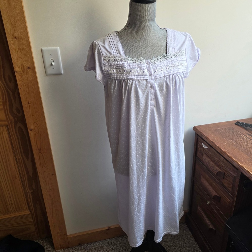 Pink Label Lavender Polka Dot Lace Trim Nightgown Mumu Cottage Grandma L